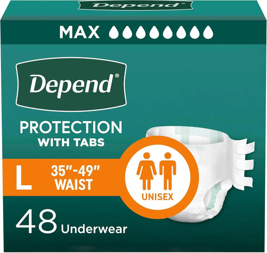 Depend Adult Diapers with Tabs, Unisex, Large (35-49" Waist), 48 Count