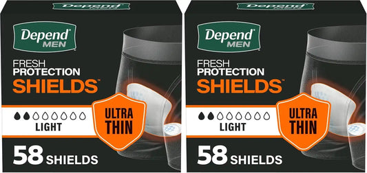 Depend Shields Incontinence Pads for Men, Light Absorbency, 58 Count (Packaging May Vary) (Pack of 2)