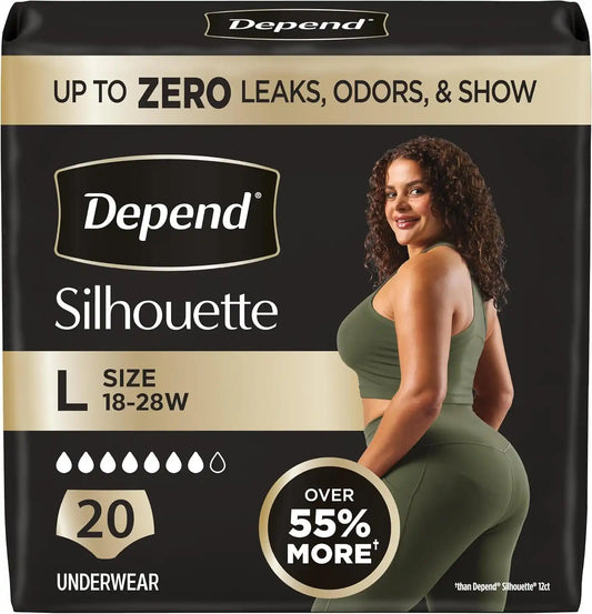 Depend Silhouette Adult Diapers, Incontinence & Postpartum Bladder Leak Underwear for Women, Maximum Absorbency, Large, Pink, 20 Count, Packaging May Vary