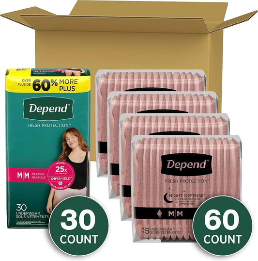 Adult Incontinence Underwear Bundle: Depend Fresh Protection Underwear for Women, Maximum, M, Blush, 30 Count and Depend Night Defense Underwear for Women, Overnight, M, Blush, 60 Count