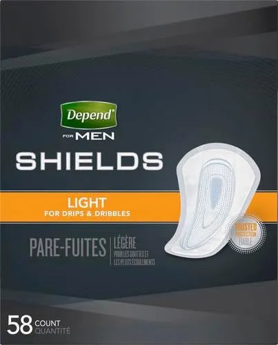 Depend Shields Incontinence Pads for Men, Light Absorbency, 58 Count (Packaging May Vary) (Pack of 2)