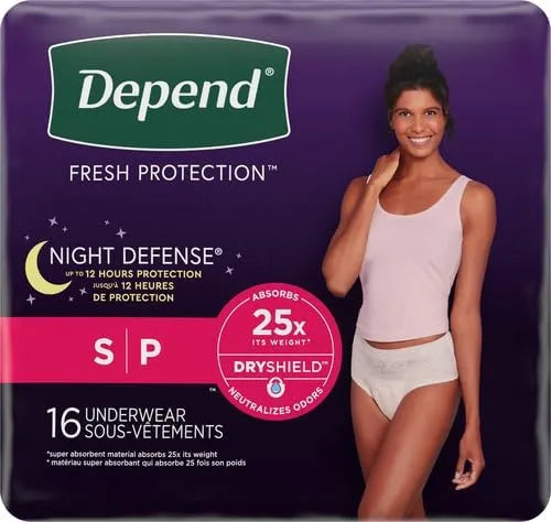 Depend Night Defense Adult Diapers, Incontinence & Postpartum Bladder Leak Underwear for Women, Disposable, Overnight, Small, Blush, 16 Count, Packaging May Vary (Pack of 4)