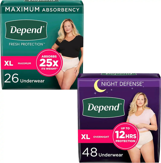 Adult Incontinence Underwear Bundle: Depend Fresh Protection Underwear for Women, Maximum, XL, Blush, 26 Count and Depend Night Defense Underwear for Women, Overnight, XL, Blush, 48 Count
