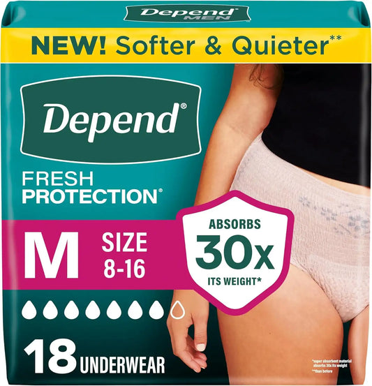 Depend Fresh Protection Adult Diapers for Women, Medium, 18 Count
