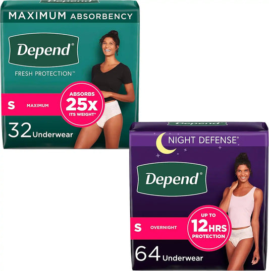 Adult Incontinence Underwear Bundle: Depend Fresh Protection Underwear for Women, Maximum, S, Blush, 32 Count and Depend Night Defense Underwear for Women, Overnight, S, Blush, 64 Count