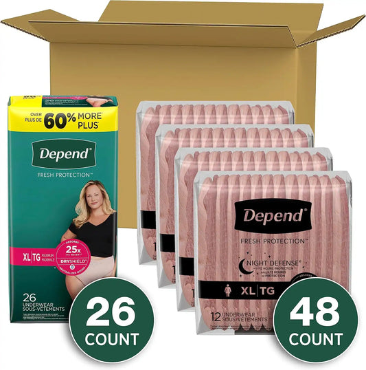 Adult Incontinence Underwear Bundle: Depend Fresh Protection Underwear for Women, Maximum, XL, Blush, 26 Count and Depend Night Defense Underwear for Women, Overnight, XL, Blush, 48 Count