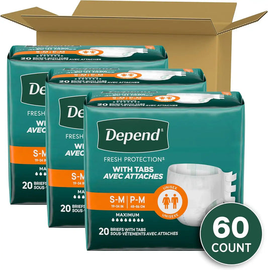 Depend Adult Diapers with Tabs, Unisex, S/M (19-34" Waist), 60 Count