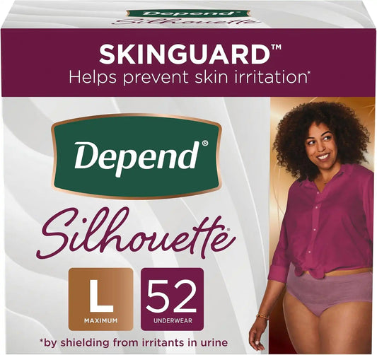 Depend Silhouette Adult Incontinence and Postpartum Underwear for Women, Large, Maximum Absorbency, Berry, 52 Count (2 Packs of 26), Packaging May Vary