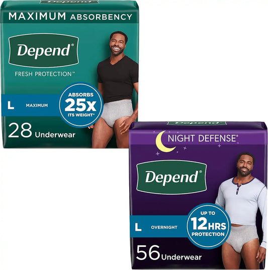 Adult Incontinence Underwear Bundle: Depend Fresh Protection Underwear for Men, Maximum, Large, Grey, 28 Count and Depend Night Defense Underwear for Men, Overnight, Large, Grey, 56 Count