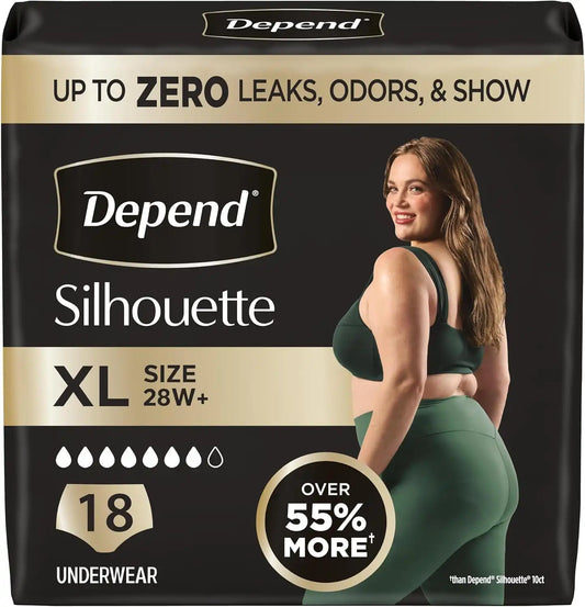 Depend Silhouette Adult Diapers, Incontinence & Postpartum Bladder Leak Underwear for Women, Maximum Absorbency, Extra Large, Pink, 18 Count, Packaging May Vary