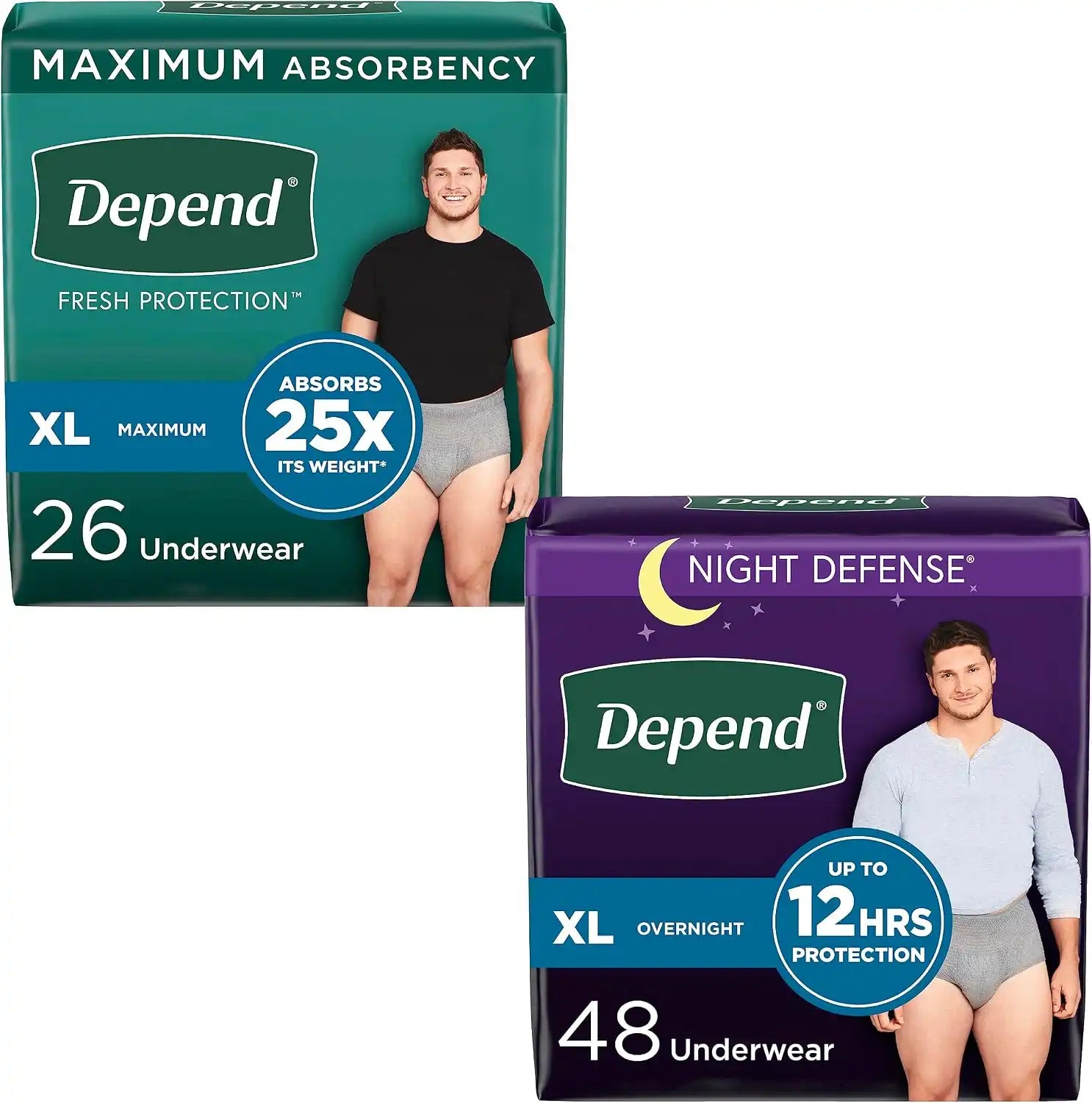 Adult Incontinence Underwear Bundle: Depend Fresh Protection Underwear for Men, Maximum, Extra-Large, Grey, 26 Count and Depend Night Defense Underwear for Men, Overnight, Extra-Large, Grey, 48 Count
