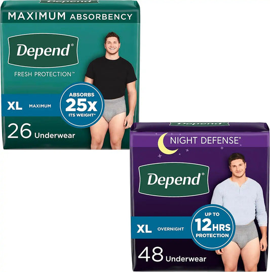 Adult Incontinence Underwear Bundle: Depend Fresh Protection Underwear for Men, Maximum, Extra-Large, Grey, 26 Count and Depend Night Defense Underwear for Men, Overnight, Extra-Large, Grey, 48 Count