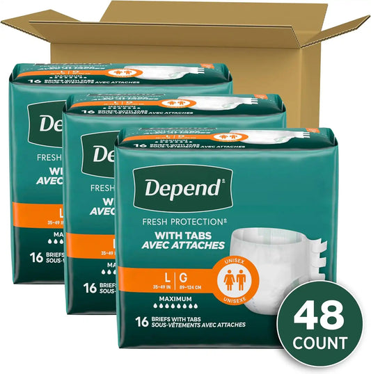 Depend Adult Diapers with Tabs, Unisex, Large (35-49" Waist), 48 Count
