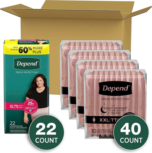 Adult Incontinence Underwear Bundle: Depend Fresh Protection Underwear for Women, Maximum, XXL, Blush, 22 Count and Depend Night Defense Underwear for Women, Overnight, XXL, Blush, 40 Count