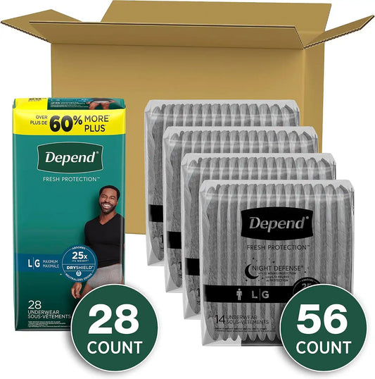 Adult Incontinence Underwear Bundle: Depend Fresh Protection Underwear for Men, Maximum, Large, Grey, 28 Count and Depend Night Defense Underwear for Men, Overnight, Large, Grey, 56 Count