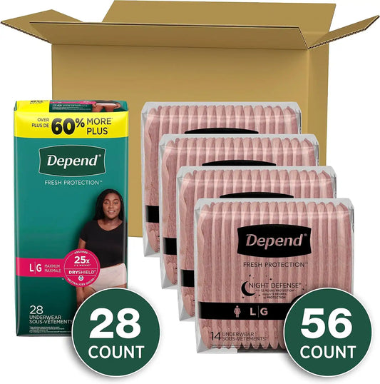 Adult Incontinence Underwear Bundle: Depend Fresh Protection Underwear for Women, Maximum, L, Blush, 28 Count and Depend Night Defense Underwear for Women, Overnight, L, Blush, 56 Count